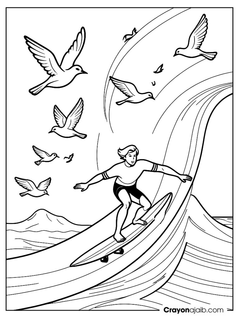 Surfing adventure coloring page ca