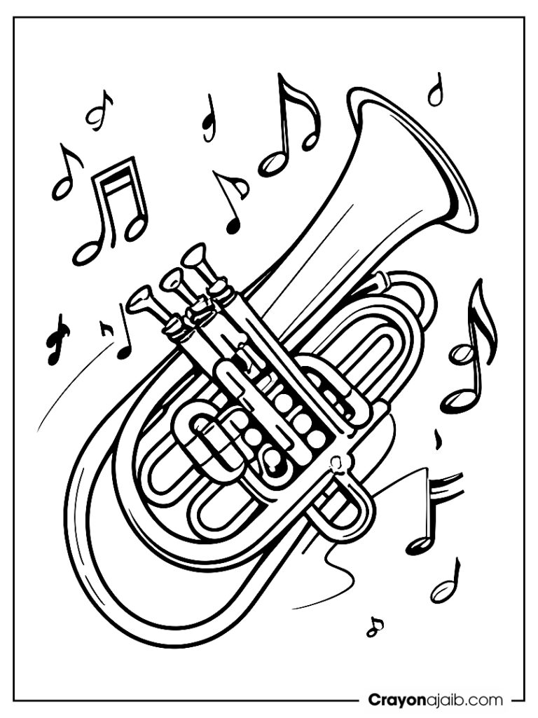 Trumpet with musical notes for kids coloring pages ca