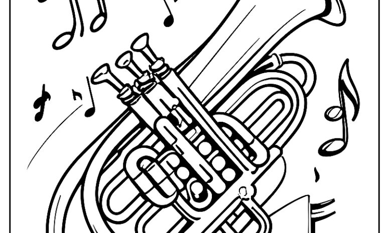 Trumpet with musical notes for kids coloring pages ca