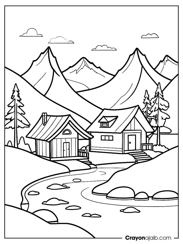 Two overlapping mountains with a simple cabin nestled at the base, a winding river, and a few trees in the background ca