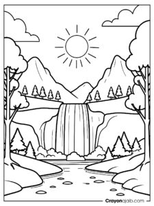 Two small mountains with a waterfall in between, a few large trees on either side, and a bright sun above ca