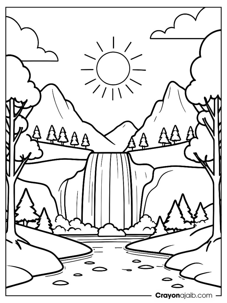 Two small mountains with a waterfall in between, a few large trees on either side, and a bright sun above ca