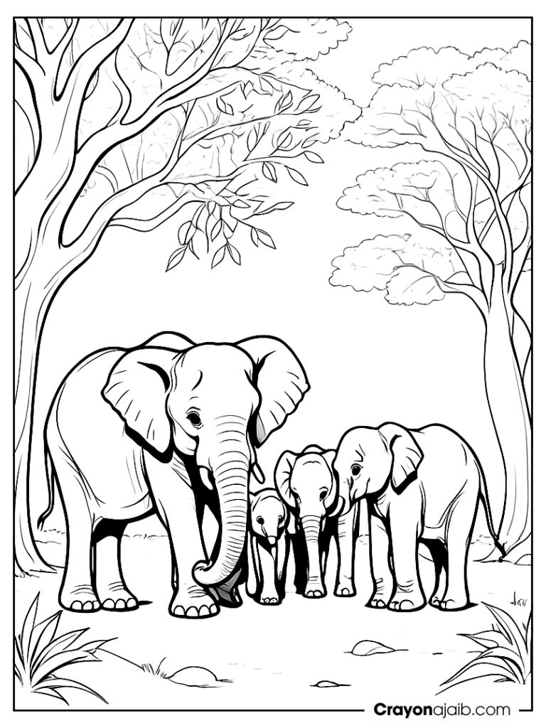 Under the tree elephant family coloring page ca