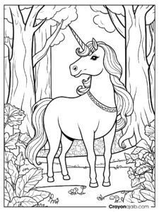 Unicorn queen in a magical forest crayonajaib