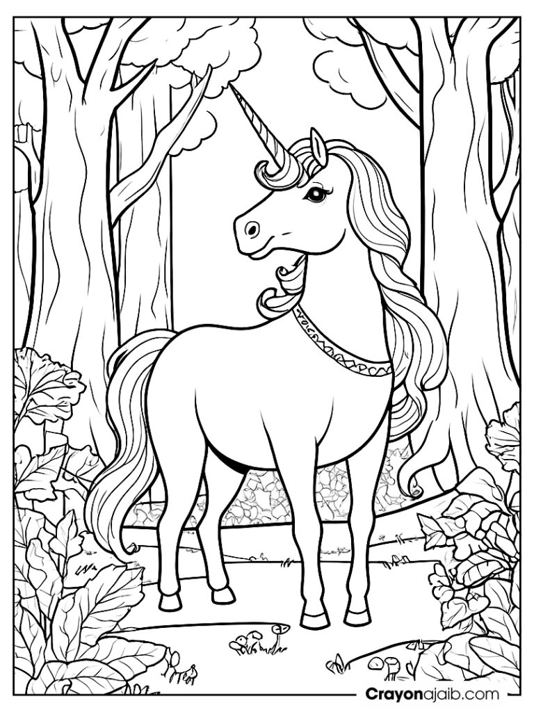 Unicorn queen in a magical forest crayonajaib