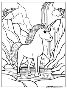 Unicorn by a magical waterfall crayonajaib