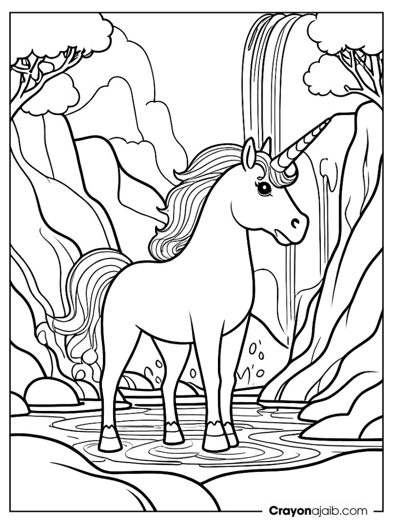 Unicorn by a magical waterfall crayonajaib