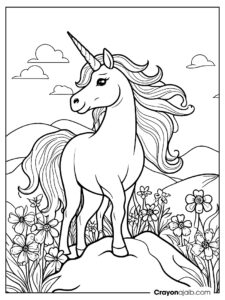 Unicorn on a magical hill crayonajaib