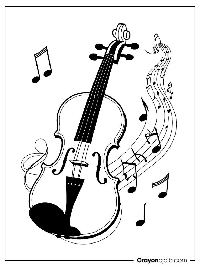 Violin with floating musical notes coloring page ca