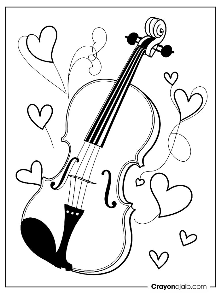 Violin with hearts coloring page ca