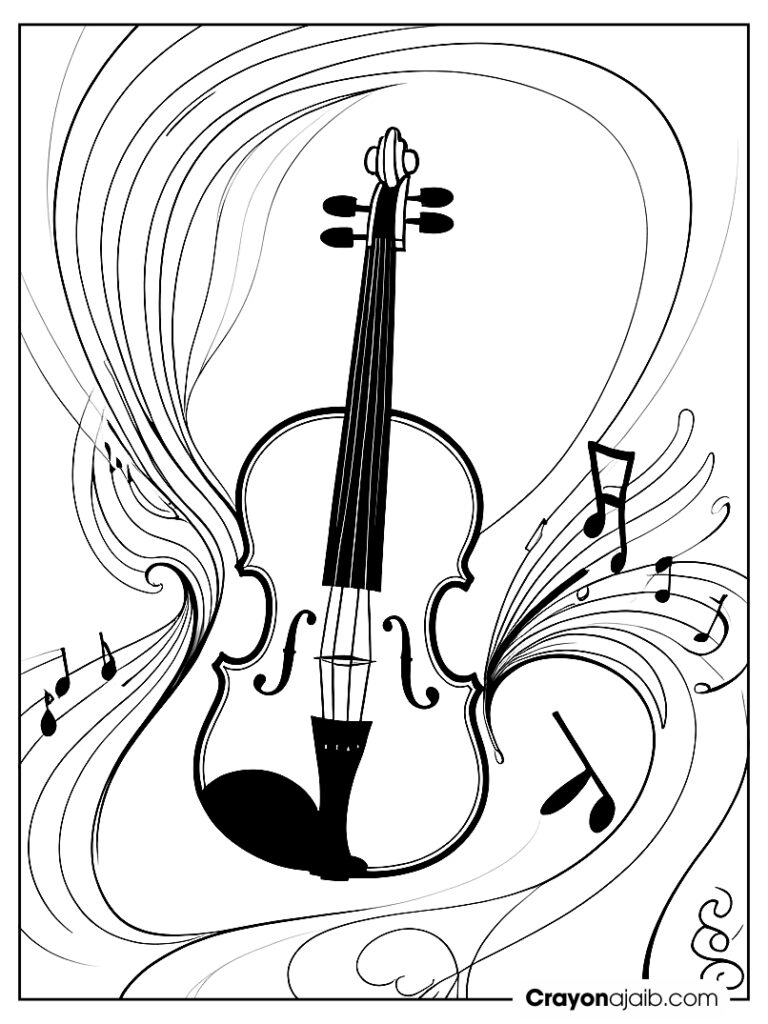 Violin with music note coloring page for kids ca