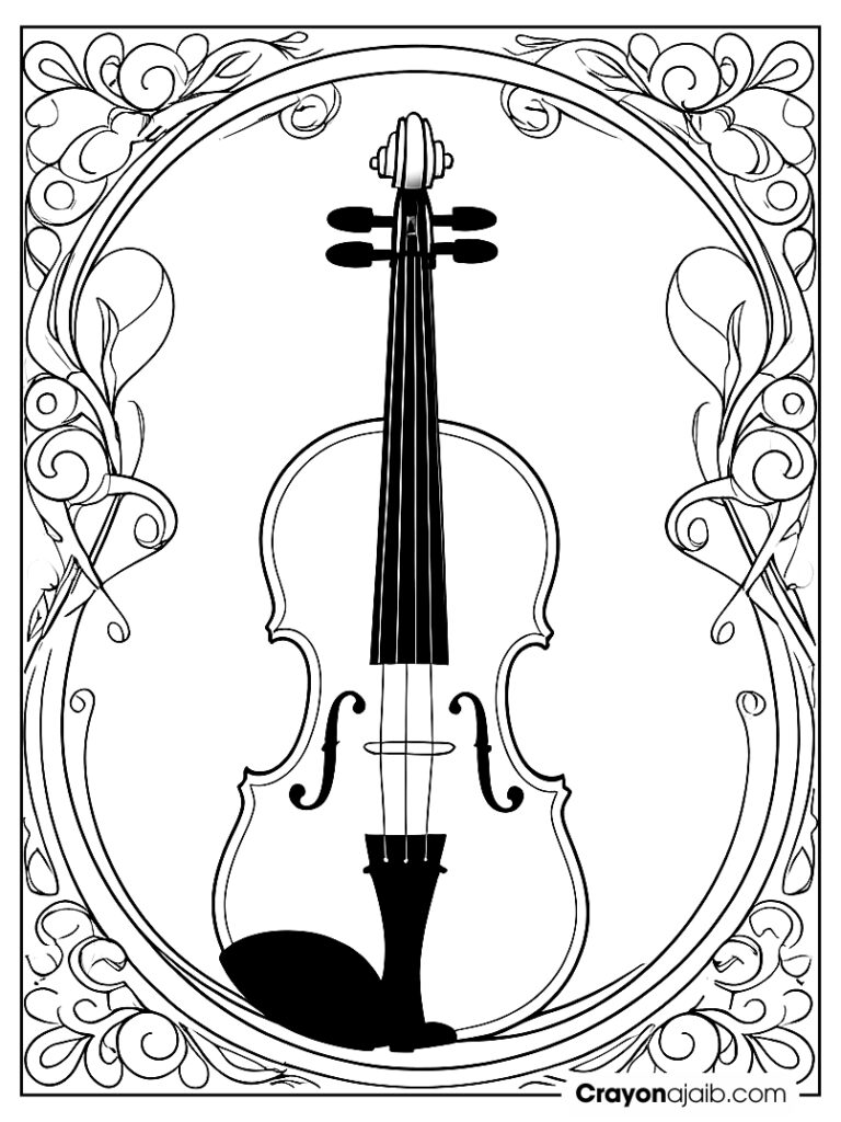 Violin with musical frame coloring page ca