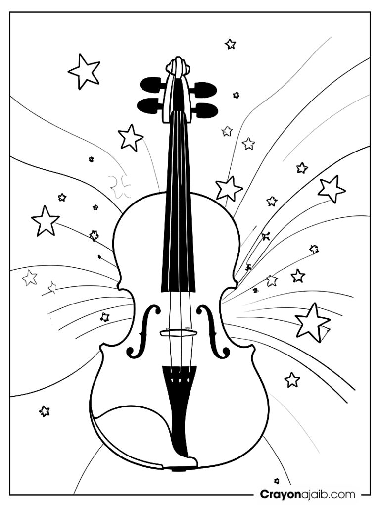 Violin with stars coloring page for kids ca