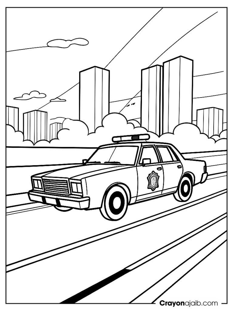 Action packed police car image encourages kids to imagine exciting chases while enhancing their motor skills ca