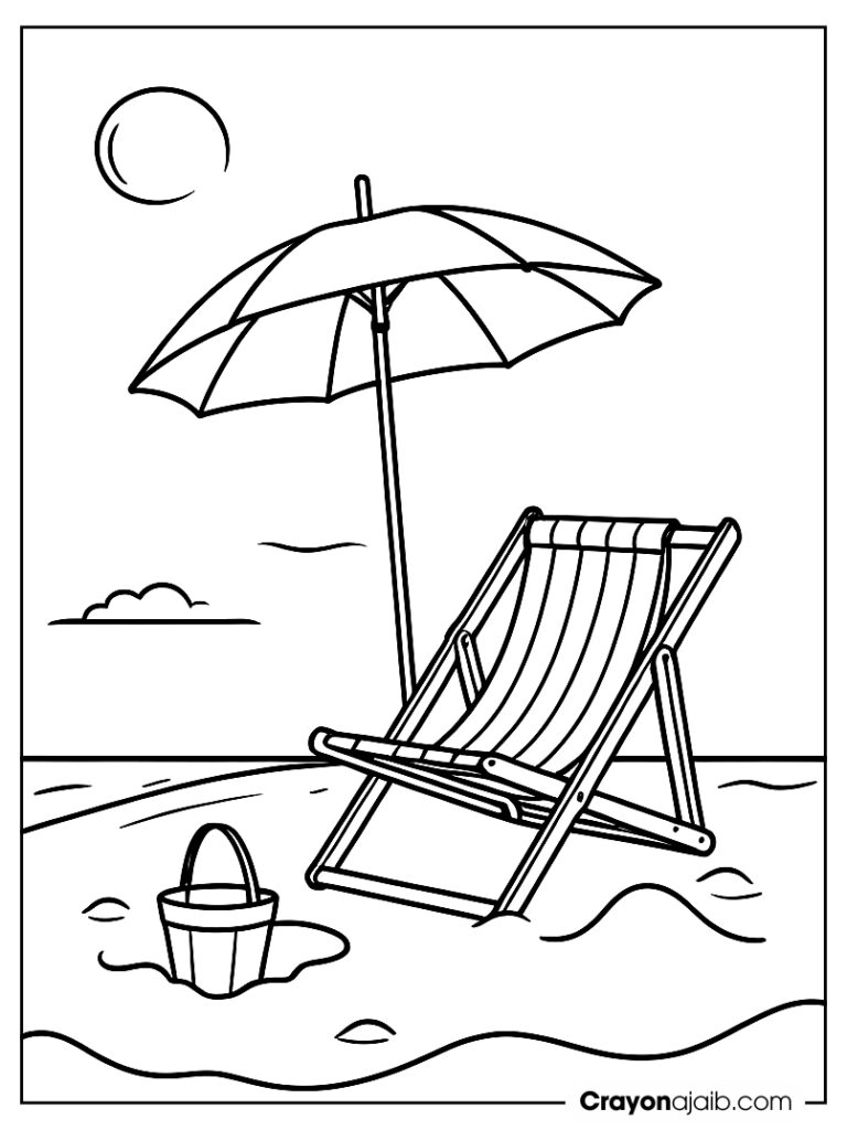 Beach chair with an umbrella, next to a sand bucket ca