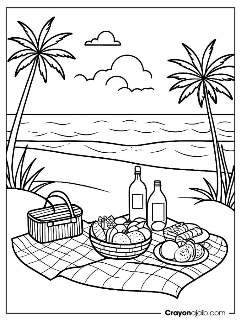 Beach picnic scene with a blanket, basket of fruits ca