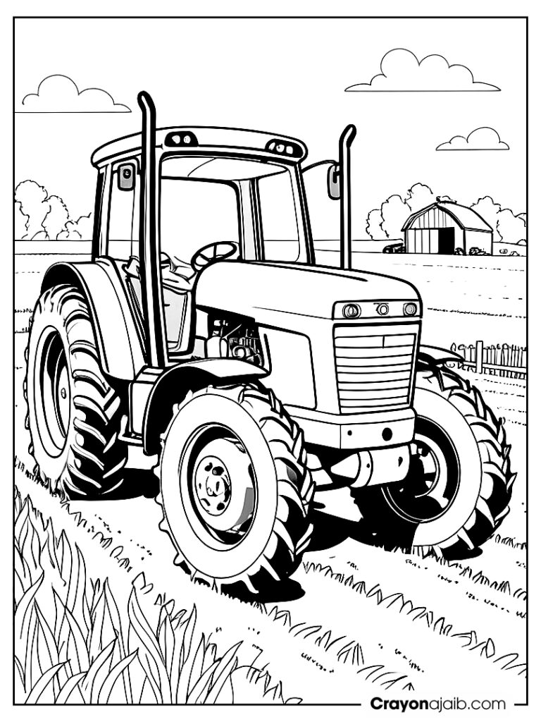 Cheerful, bright red tractor parked on a green farm field with a blue sky in the background ca