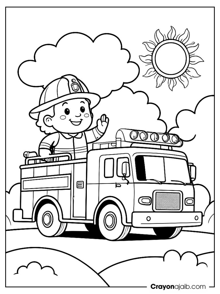 Cheerful fire truck with a friendly firefighter waving ca