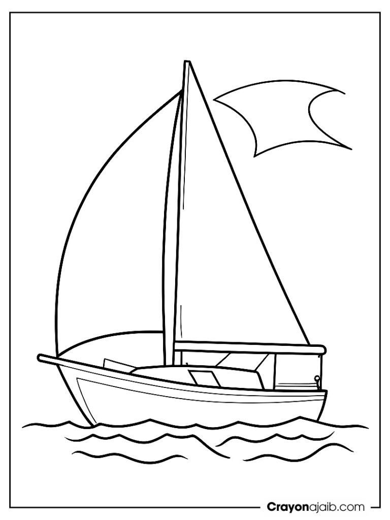 Cheerful sailboat with a single mast, a large sail, and a flag at the top ca