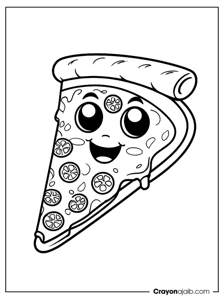 Cute pizza slice with big eyes and a smiling face ca