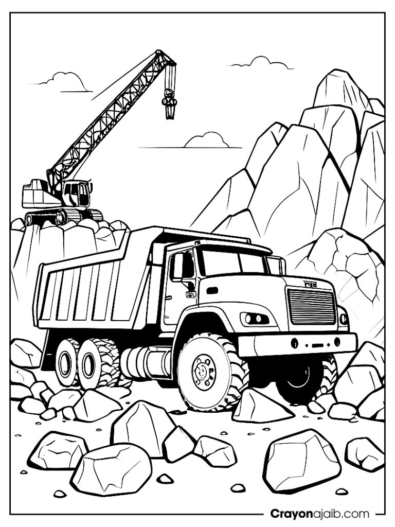 Dump truck parked next to a pile of rocks with a crane in the background ca