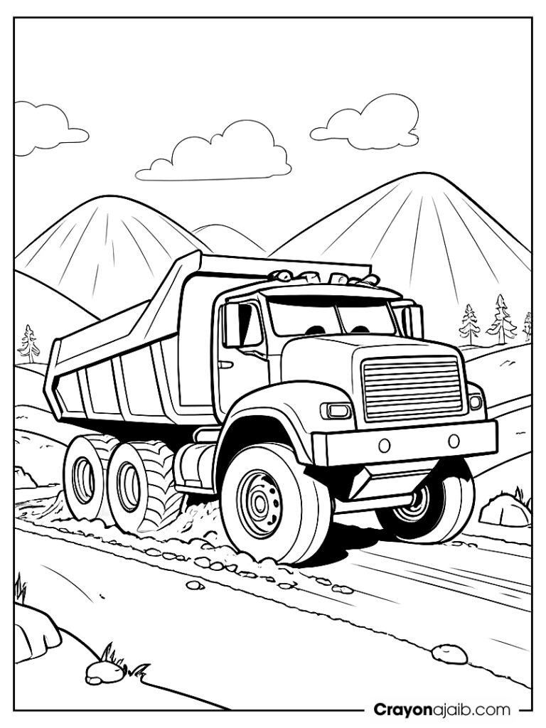 Dump truck with large wheels driving on a bumpy dirt road ca