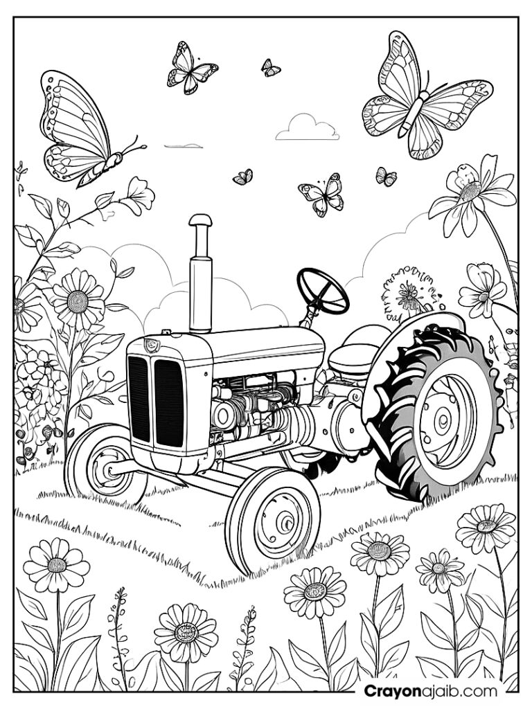 Intage style tractor surrounded by flowers ca