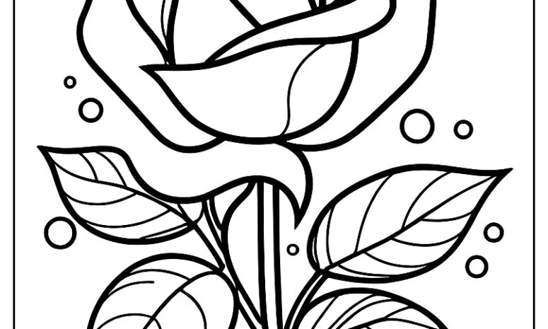 Lovely rose with raindrops is designed for easy coloring ca