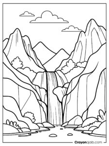 Mountain with a cave at the base, a small waterfall flowing down the side, and a few clouds in the sky ca