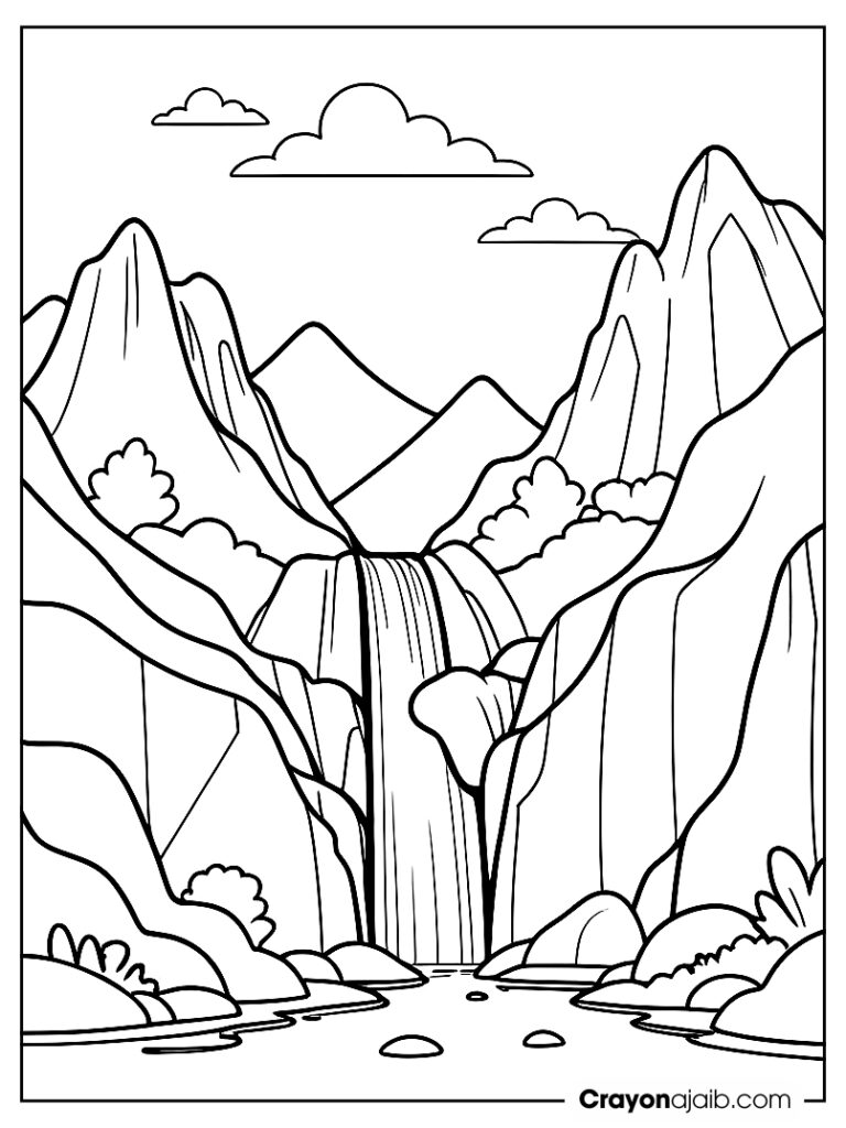 Mountain with a cave at the base, a small waterfall flowing down the side, and a few clouds in the sky ca