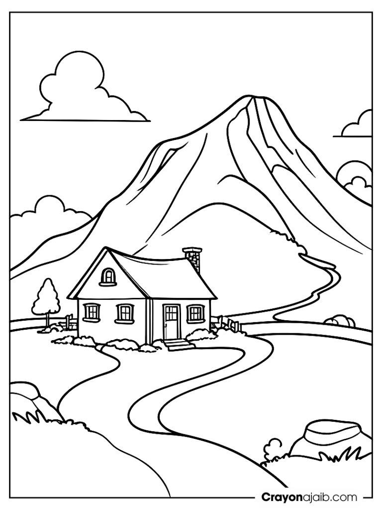 Mountain with a curved path leading to a small cottage at the top ca