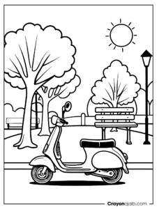 Peaceful scene of a scooter next to a park bench, surrounded by trees and a sunny sky ca