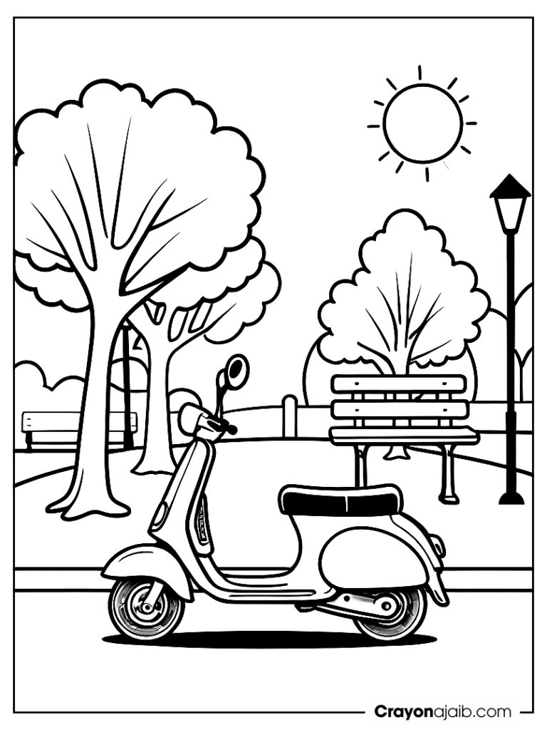 Peaceful scene of a scooter next to a park bench, surrounded by trees and a sunny sky ca