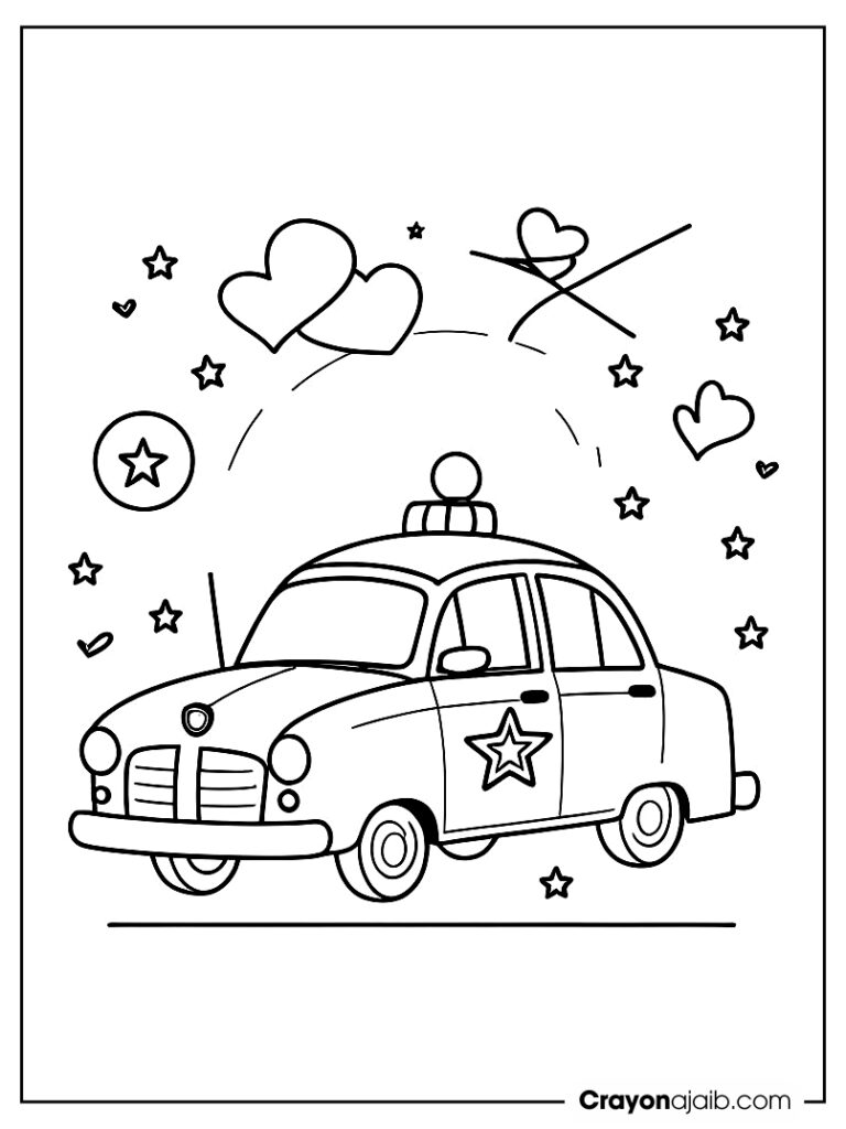 Playful police car design with stars and hearts adds a fun twist to learning about law enforcement ca