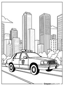 Police car driving through a cityscape with tall buildings in the background ca