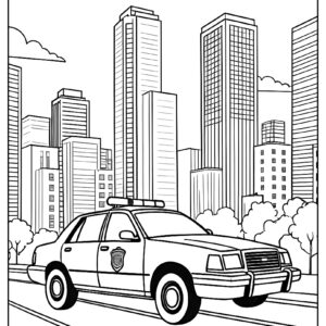 Police car driving through a cityscape with tall buildings in the background ca