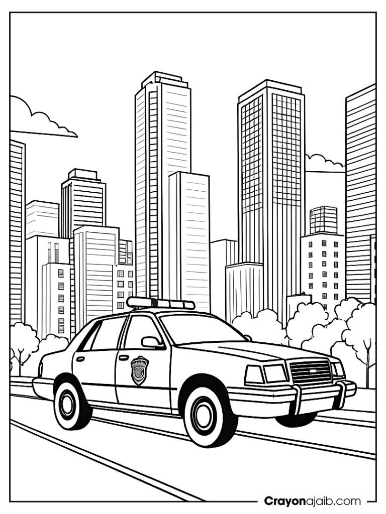 Police car driving through a cityscape with tall buildings in the background ca