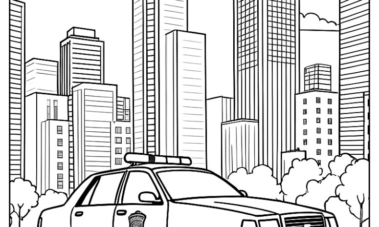 Police car driving through a cityscape with tall buildings in the background ca