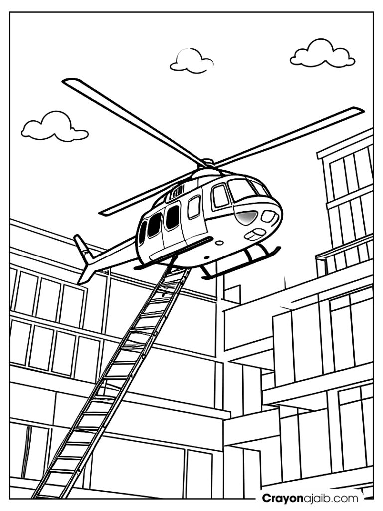 Rescue helicopter hovering over a building with a ladder hanging down ca