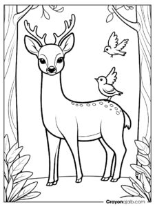 Riendly deer with bird scene coloring page ca