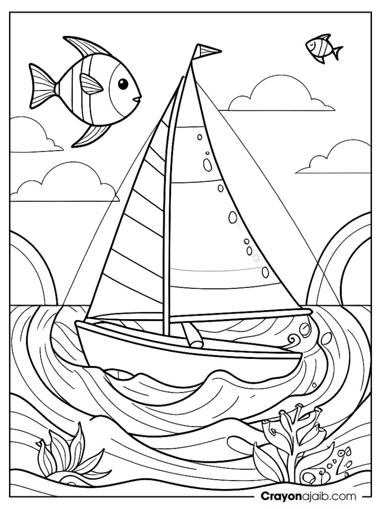 Sailboat with a large striped sail and a small fish jumping out of the water beside it ca