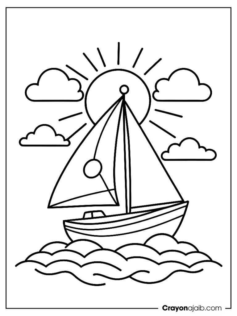 Sailboat with a smiling sun above and two clouds ca