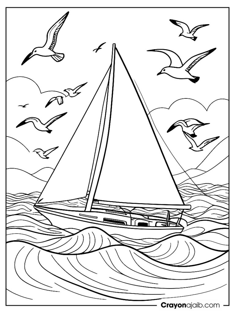 Sailboat with seagulls flying overhead and waves below ca