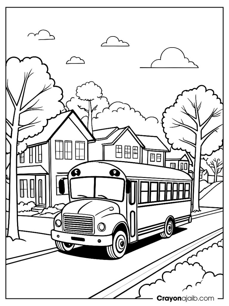 School bus driving along a road with small trees and houses in the background (1) ca