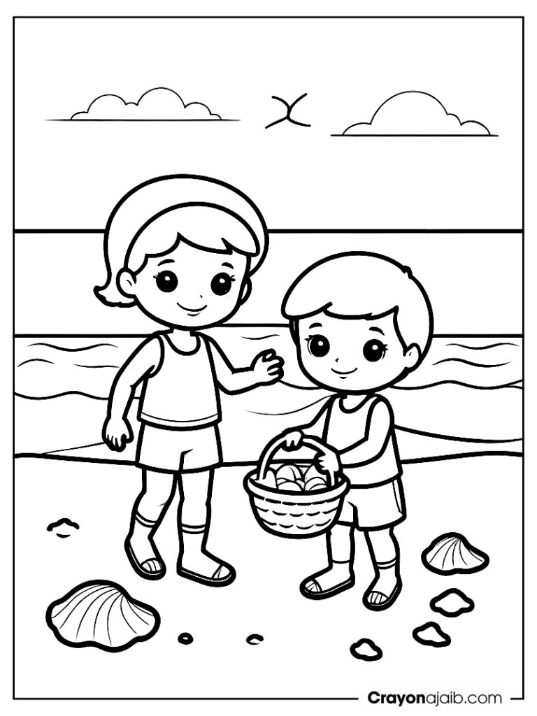 Simple two children collecting seashells in a small basket on the beach coloring sheet ca