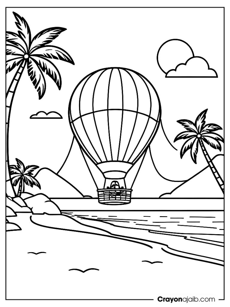 Simple hot air balloon flying over a beach with palm trees ca