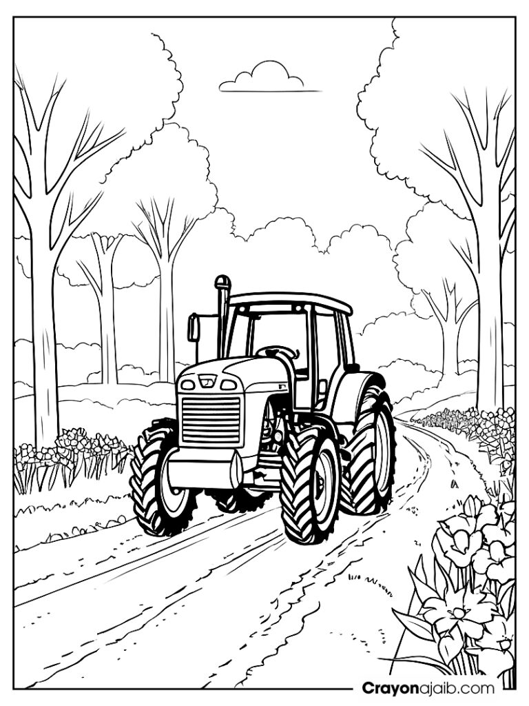 Tractor driving along a dirt road with trees lining the path and flowers blooming beside it ca