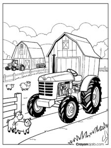 Tractor with a big smile on its front, parked near a barn and some farm animals ca