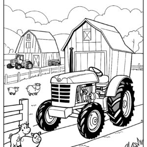 Tractor with a big smile on its front, parked near a barn and some farm animals ca