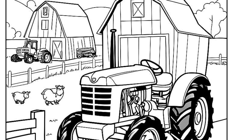 Tractor with a big smile on its front, parked near a barn and some farm animals ca